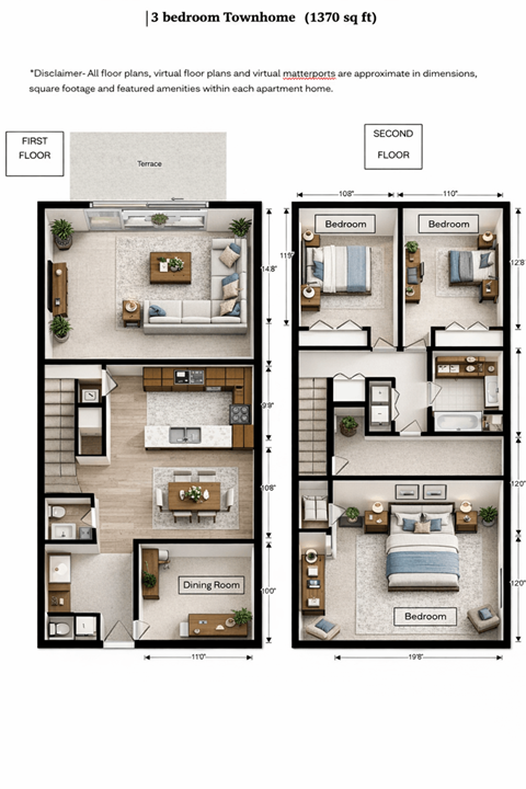 Floor plan for 3 beds, 2.5 baths, 1370 sqft